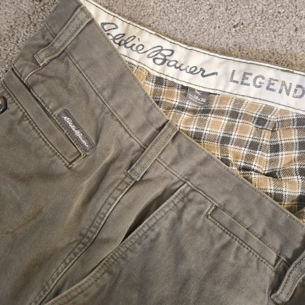 Eddie‎ Bauer Men 38x36 Green Flannel Lined Pants Straight Leg Chino Canvas Work